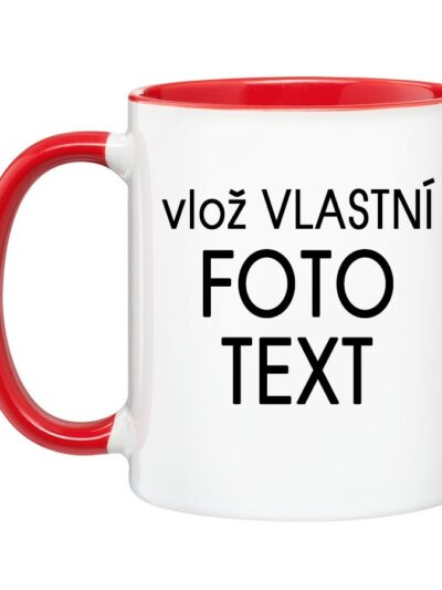 Hrnek s Vaší fotkou barevný vnitřek a ucho - Pro leváka / Červená