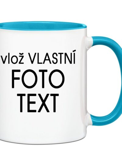 Hrnek s Vaší fotkou barevný vnitřek a ucho - Pro praváka / Modrá