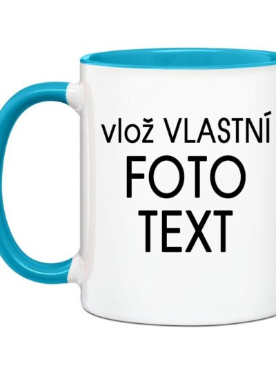 Hrnek s Vaší fotkou barevný vnitřek a ucho - Pro leváka / Modrá