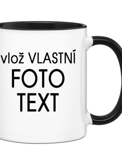 Hrnek s Vaší fotkou barevný vnitřek a ucho - Pro praváka / Černá