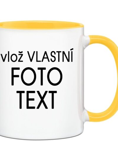 Hrnek s Vaší fotkou barevný vnitřek a ucho - Pro praváka / Žlutá