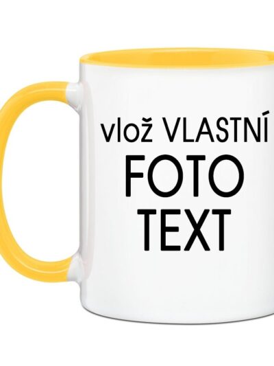 Hrnek s Vaší fotkou barevný vnitřek a ucho - Pro leváka / Žlutá