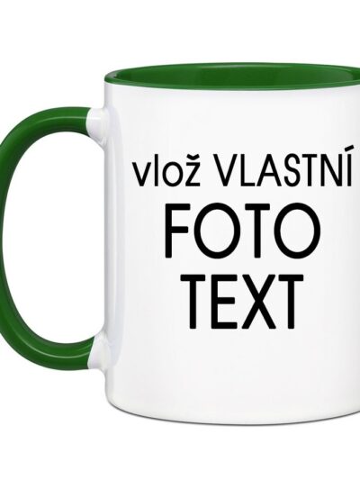 Hrnek s Vaší fotkou barevný vnitřek a ucho - Pro leváka / Zelená tmavá